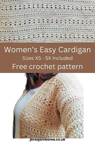 two photos 1) close up of crochet stitches used in an open front cardigan 2) a woman wearing the same cardigan